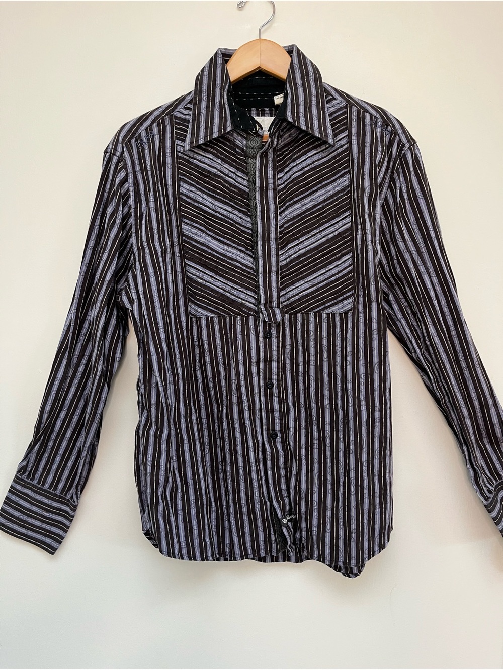 Vintage Striped Chocolate and Lavender Long-Sleeve Men's Shirt
